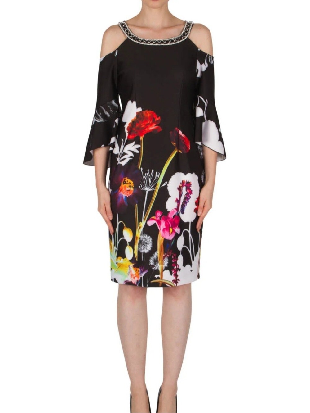 Joseph Ribkoff Floral Cold Shoulder Dress Bell Sleeve Embellished